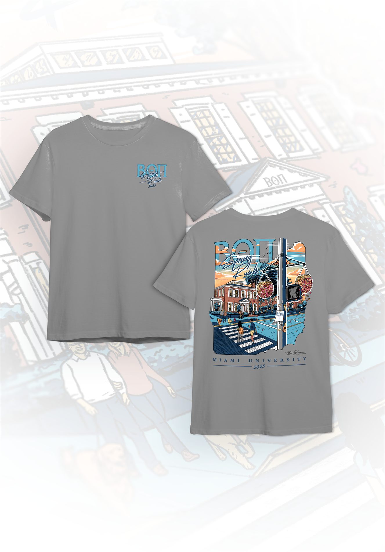 Front and back mockup of the gray Beta Theta Pi spring rush t-shirt, with a small chest lockup on the front and a full illustrated campus scene on the back
