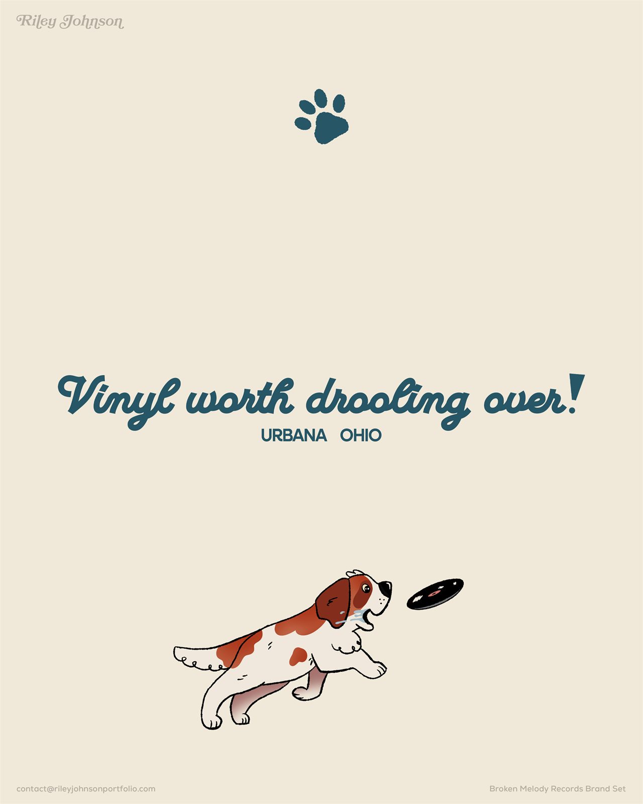 A page from the brand set showing the script tagline Vinyl worth drooling over above the illustrated spaniel chasing a record