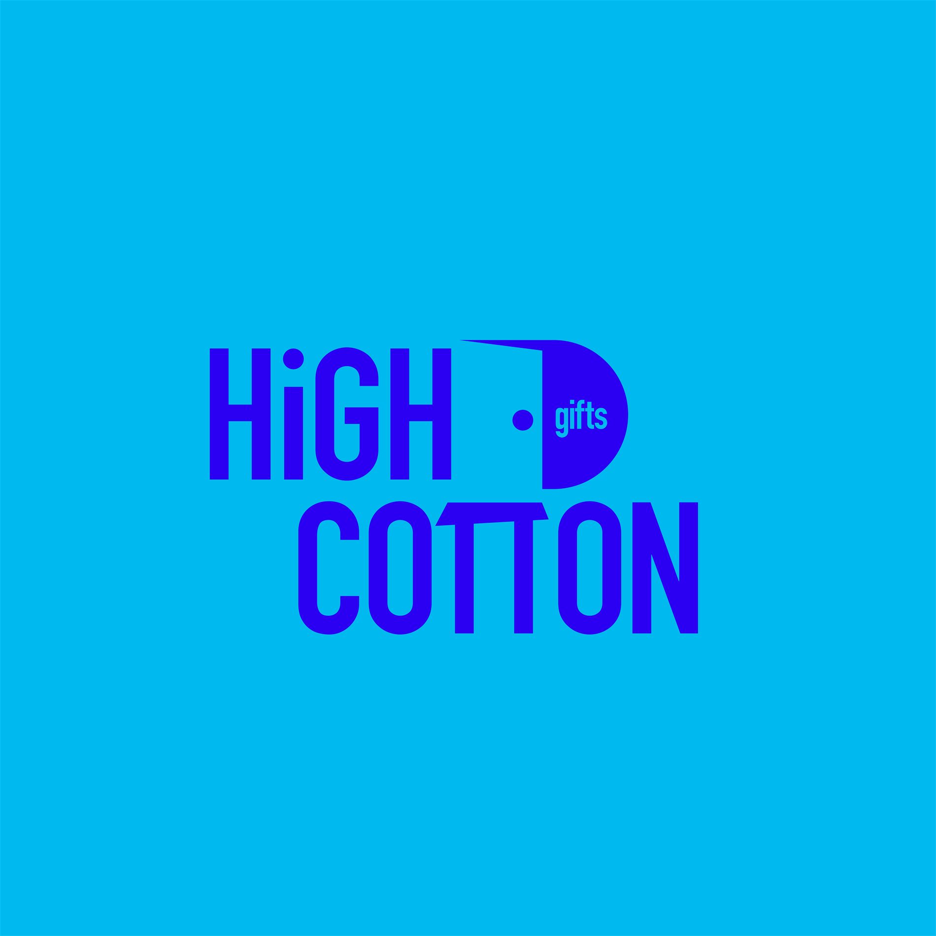 The new High Cotton Gifts logo, royal blue lettering on a sky blue background with a door tucked beside the wordmark
