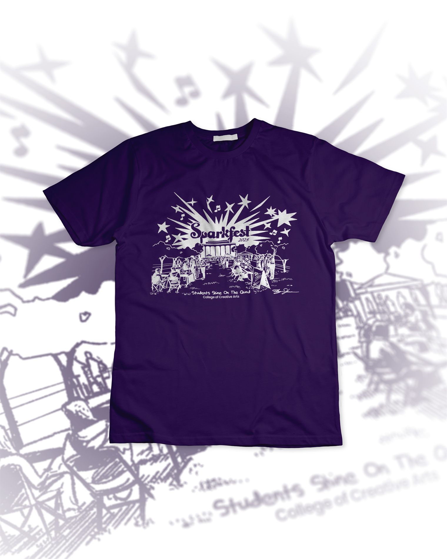 Purple Sparkfest 2025 t-shirt with a white hand-drawn illustration of the festival on the quad, framed by a starburst