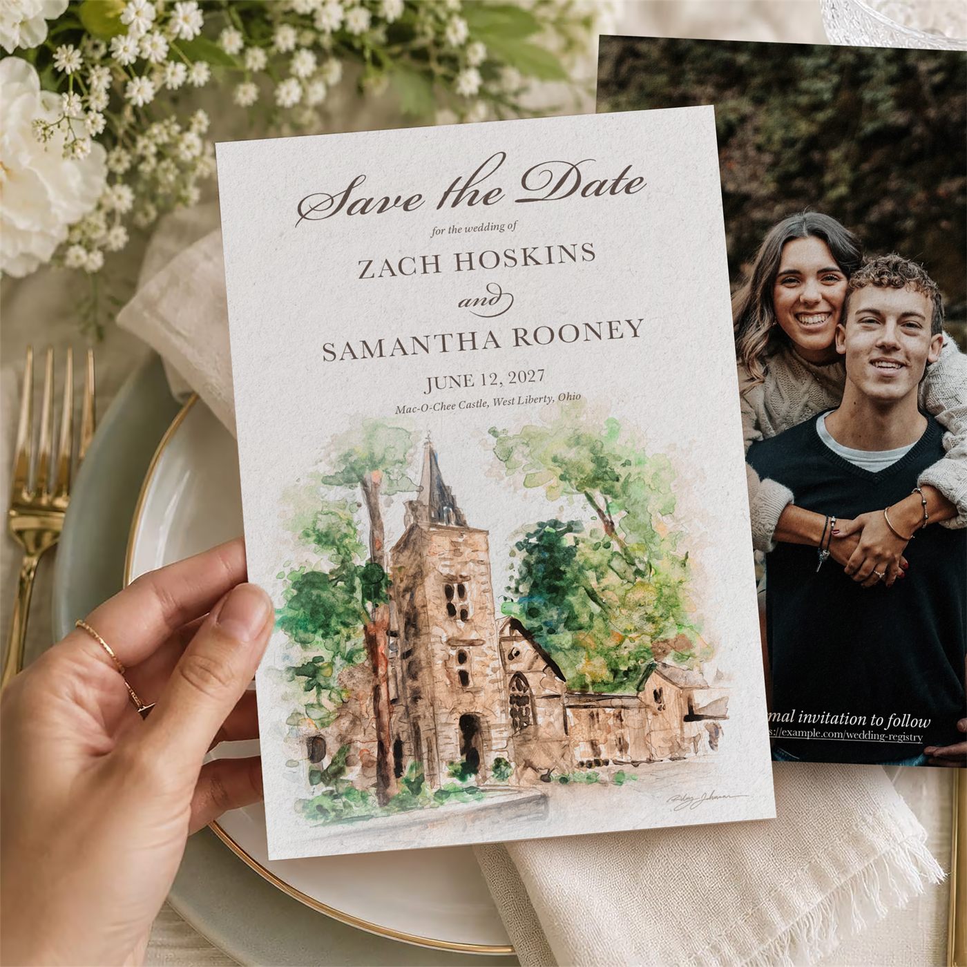 Save the Date card with a watercolor illustration of Mac-O-Chee Castle